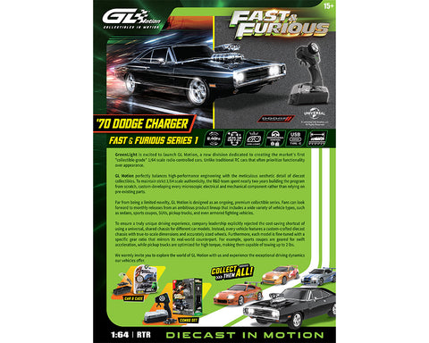 Greenlight Motion 1/64 RC The Fast & The Furious 1970 Dodge Charger “Dom’s Charger” Combo Set