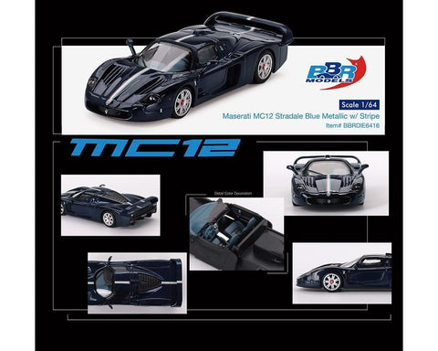 BBR Models 1:64 Maserati MC12 Stradale – Blue Metallic w/ Stripe - GT Hobby Store