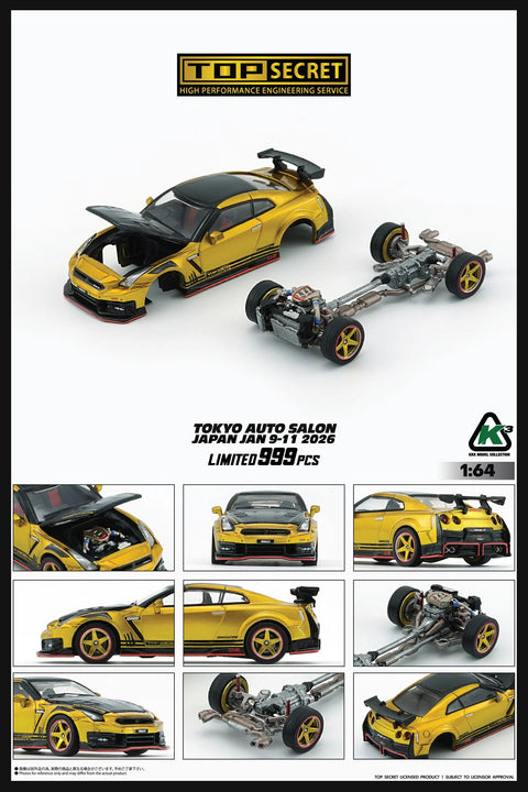 BM Creations x K3 1/64 Top Secret R35 GT-R GOLD with Carbon Bonnet (TAS Tokyo 2026 Limited Version) RHD Top Secret official licensed / Number Plated) - GT Hobby Store