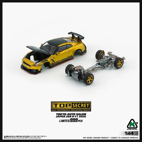 BM Creations x K3 1/64 Top Secret R35 GT-R GOLD with Carbon Bonnet (TAS Tokyo 2026 Limited Version) RHD Top Secret official licensed / Number Plated) - GT Hobby Store