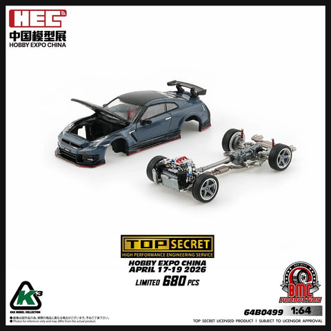 BM Creations x K3 1/64 Top Secret R35 GT-R GREY BLUE with Carbon Bonnet (HEC 2026 Limited Version) RHD Top Secret official licensed / Number Plated) - GT Hobby Store