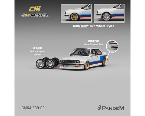 CM Model 1:64 BMW M3 E30 Alpine Pandem – White with M Tri - Stripes - Limited Edition - GT Hobby Store