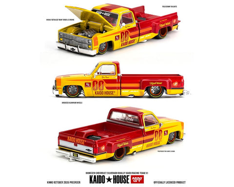 Kaido House x Mini GT 1/64 Chevrolet Silverado Dually Kaido Racing Team V1 – Yellow Red Two- Tone - GT Hobby Store