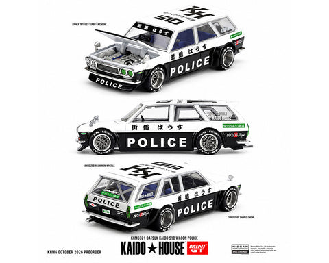 Kaido House x Mini GT 1/64 Datsun KAIDO 510 Wagon Police – Black White Two-Tone - GT Hobby Store