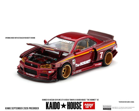 Kaido House x Mini GT 1/64 Nissan Skyline GT-R (R34) TAMIYA x KAIDO HOUSE “The Hornet” V2 – M. Red Carbon - GT Hobby Store