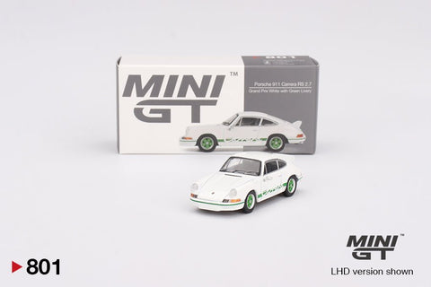 Mini GT 1:64 Porsche 911 Carrera RS 2.7 – Grand Prix White with Green Livery – Mijo Exclusives - GT Hobby Store
