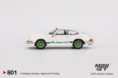 Mini GT 1:64 Porsche 911 Carrera RS 2.7 – Grand Prix White with Green Livery – Mijo Exclusives - GT Hobby Store