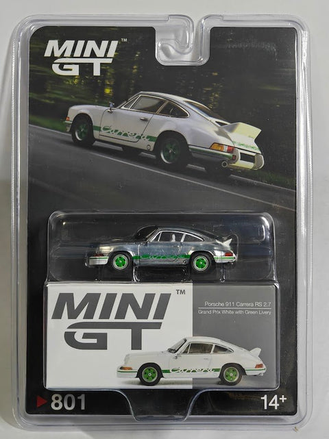 Mini GT 1:64 Porsche 911 Carrera RS 2.7 – Grand Prix White with Green Livery - GT Hobby Store