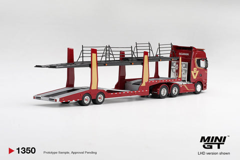 Mini GT 1:64 Scania 770S A6x4NA Car Transporter V8 50th anniversary + Car transporter – Red - GT Hobby Store