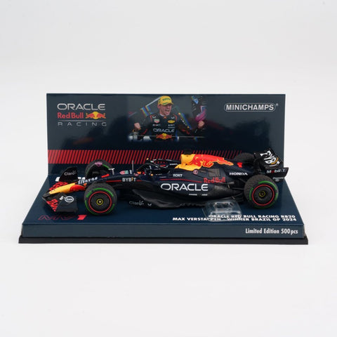 Minichamps 1/43 Oracle Red Bull Racing RB20 - Max Verstappen - Winner Brazil GP 2024 w/ Figurine and Position Board - GT Hobby Store