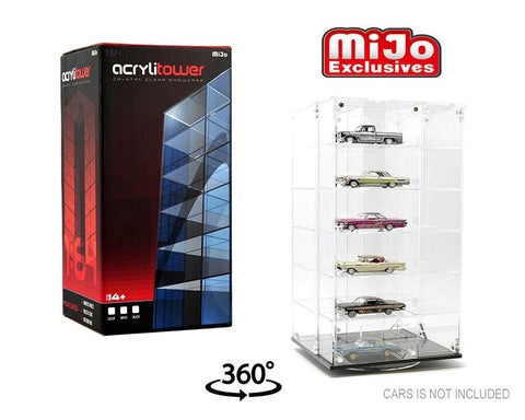 Showcase 1:64 Acrylitower 24 - Car Display Desk Top Spinner with Magnetic Covers (6.5″x 6.5″x13.5″) – Clear – MiJo Exclusives - GT Hobby Store