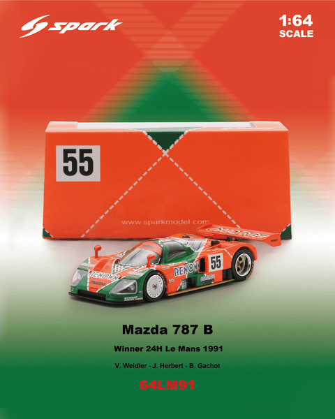 Spark 1/64 Mazda 787B No.55 Winner Le Mans 24h 1991 V. Weidler - J. Herbert - B. Gachot - GT Hobby Store