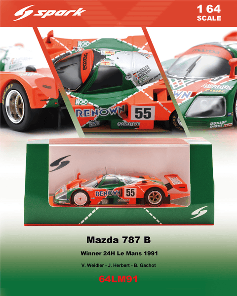 Spark 1/64 Mazda 787B No.55 Winner Le Mans 24h 1991 V. Weidler - J. Herbert - B. Gachot - GT Hobby Store