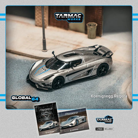 Tarmac Works 1:64 Koenigsegg Regera with Trading Cards Pack – Silver – Global64 Tarmac Cards – MiJo Exclusives Limited Edition - GT Hobby Store