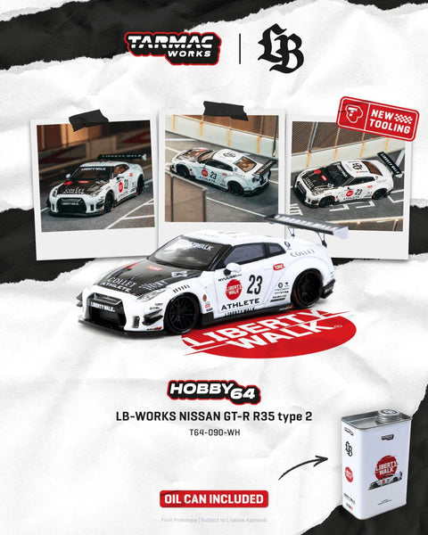 Tarmac Works 1:64 LB - WORKS NISSAN GT - R R35 type 2 With Oil Can – White - GT Hobby Store
