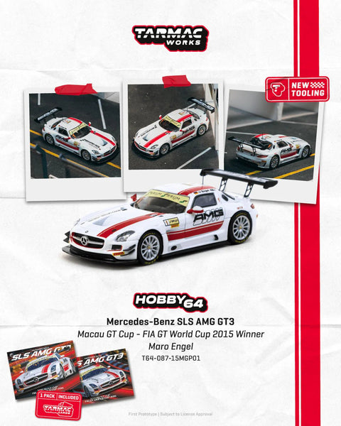 Tarmac Works 1:64 Mercedes - Benz SLS AMG GT3 Macau GT Cup – FIA GT World Cup 2015 Winner Maro Engel with Trading Card - GT Hobby Store