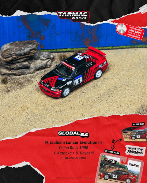 Tarmac Works 1:64 Mitsubishi Lancer Evolution III China Rally 1998 Yoshihiro Kataoka / Satoshi Hayashi – Global64 - GT Hobby Store