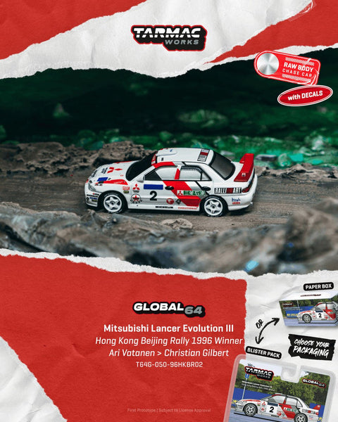 Tarmac Works 1:64 Mitsubishi Lancer Evolution III Hong Kong Beijing Rally 1996 Winner Ari Vatanen / Christian Gilbert – Global64 – Limited Edition - GT Hobby Store