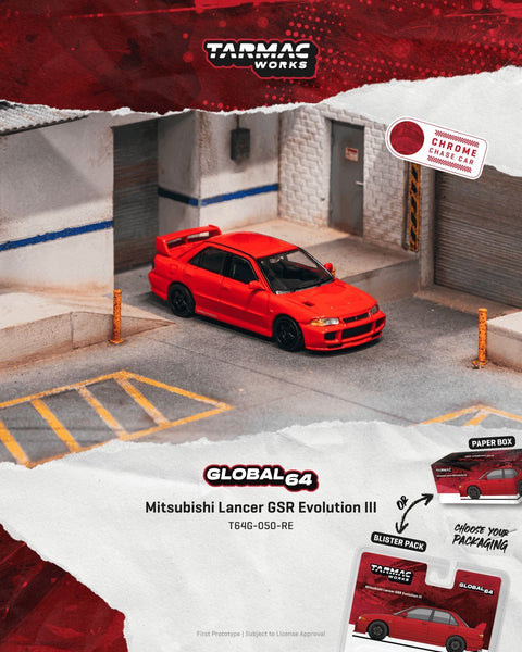 Tarmac Works 1/64 Mitsubishi Lancer GSR Evolution III – Red – Global64 - GT Hobby Store