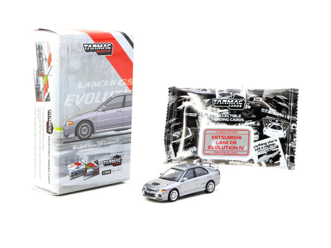 Tarmac Works 1:64 Mitsubishi Lancer GSR Evolution IV with Trading Cards – Silver - GT Hobby Store