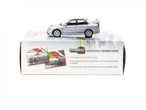 Tarmac Works 1:64 Mitsubishi Lancer GSR Evolution IV with Trading Cards – Silver - GT Hobby Store