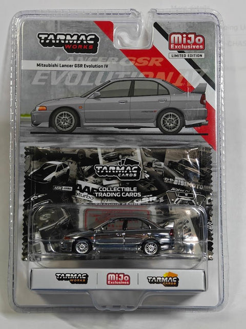 Tarmac Works 1:64 Mitsubishi Lancer GSR Evolution IV with Trading Cards – Silver - GT Hobby Store