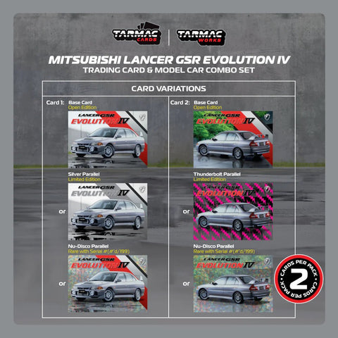 Tarmac Works 1:64 Mitsubishi Lancer GSR Evolution IV with Trading Cards – Silver - GT Hobby Store