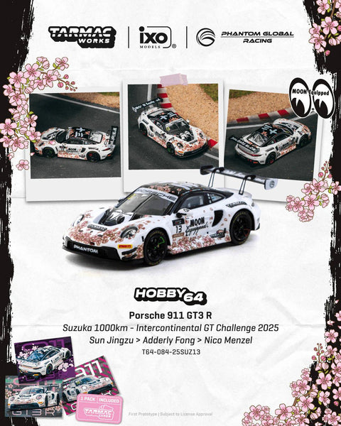 Tarmac Works 1:64 Porsche 911 GT3 R Suzuka 1000km – Intercontinental GT Challenge 2025 Phantom Global Racing Sun Jingzu / Adderly Fong / Nico Menzel Model Car + Trading Cards Combo Set - GT Hobby Store