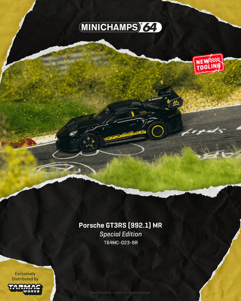 Tarmac Works x Minichamps 1:64 Porsche GT3RS (992.2) MR – Black Yellow – Showcase – Limited Edition - GT Hobby Store