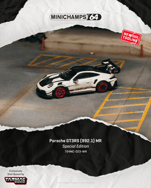 Tarmac Works x Minichamps 1:64 Porsche GT3RS (992.2) MR – White Red- Showcase – Limited Edition - GT Hobby Store